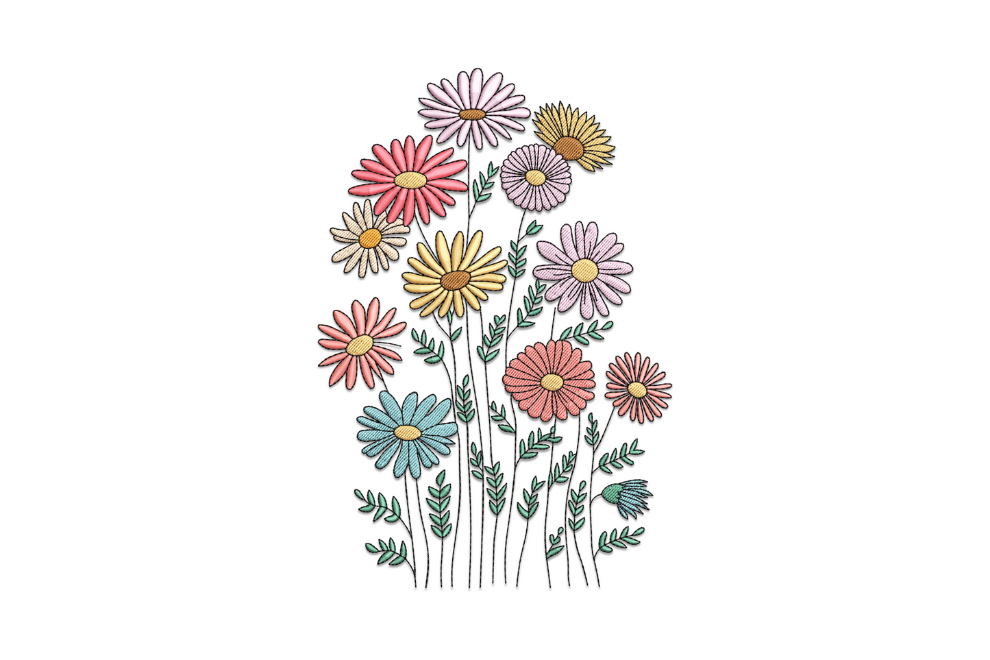 Wildflower daisy bouquet embroidery design in 10 thread colours, pink red blue and cream blooms on green stems.