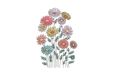 Wildflower daisy bouquet embroidery design in 10 thread colours, pink red blue and cream blooms on green stems.