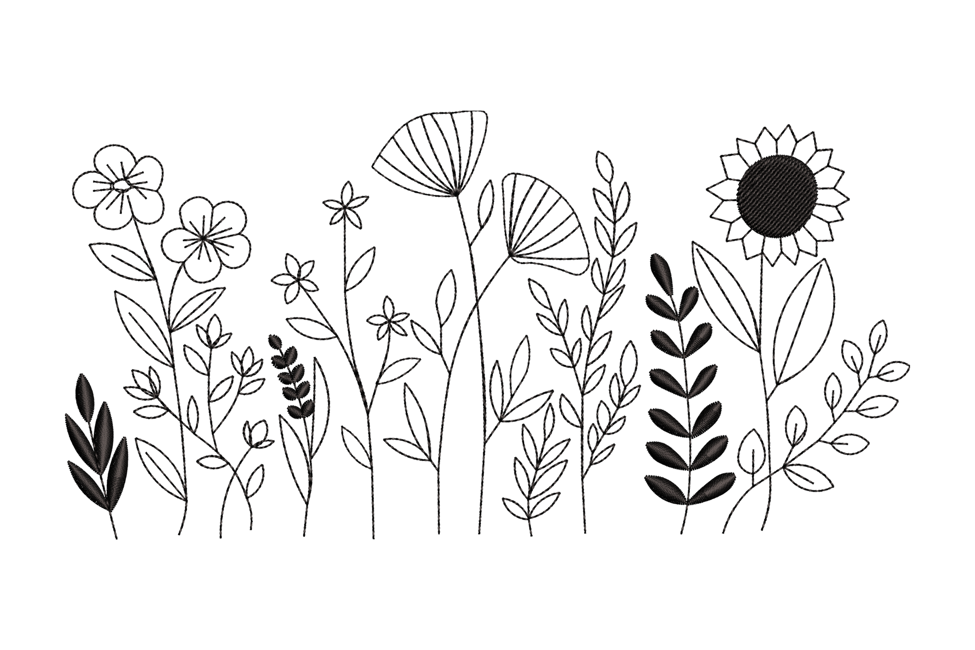 Wildflower field line art embroidery design with sunflower, dandelion puffs, poppy and leaf grasses in single colour outline
