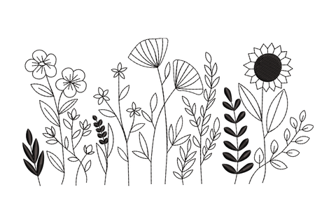 Wildflower field line art embroidery design with sunflower, dandelion puffs, poppy and leaf grasses in single colour outline