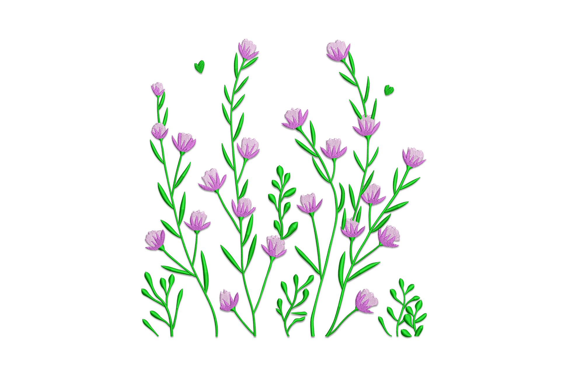 Wildflower floral embroidery design with loose gathered meadow blooms in dusty rose and sage green, natural botanical machine embroidery