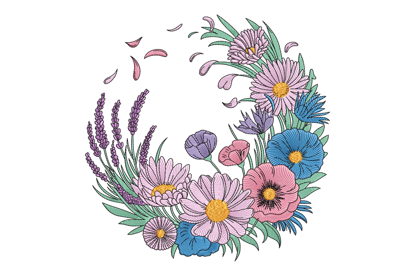 Wildflower wreath embroidery design in an open crescent shape with lavender spikes, large pink-white daisies with yellow centres, blue cornflowers, pink cosmos and purple buds, with scattered loose petals drifting from the top.