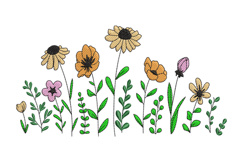 Wildflower garden border machine embroidery design with black-eyed susans and pink blooms in 6 colours, shown on white background