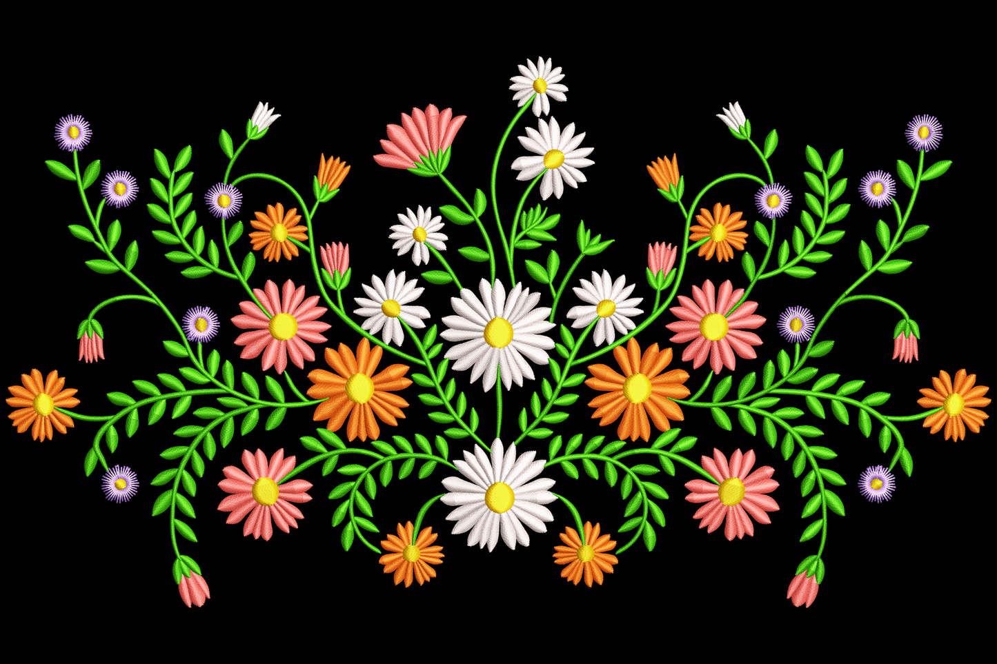 Wildflower border embroidery with orange marigolds, coral cosmos, white daisies and lavender asters on green fern stems.