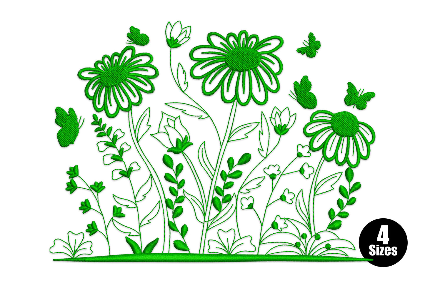 Wildflower garden embroidery scene, three large daisies with satin centres, stems, buds and butterfly outlines, single green colour, 4 sizes
