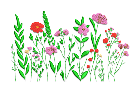 Wildflower garden border embroidery design with green stems, pink cosmos, red poppies and botanical line art style