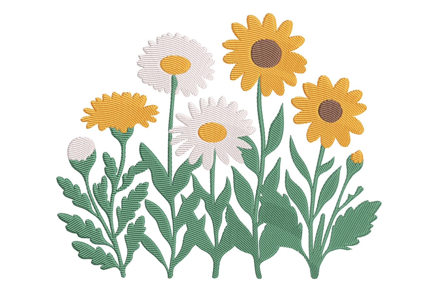 Wildflower garden embroidery with white daisies, golden sunflowers and green meadow foliage in a botanical cluster, cottage style.