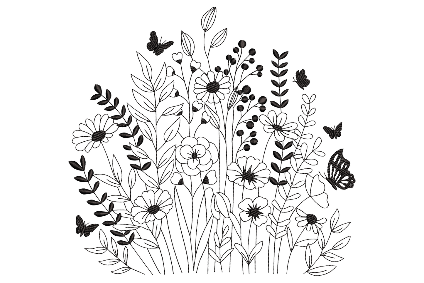 Wildflower garden outline embroidery design, black line-art meadow with daisy faces, globe flowers, leafy stems and three butterflies in flight.