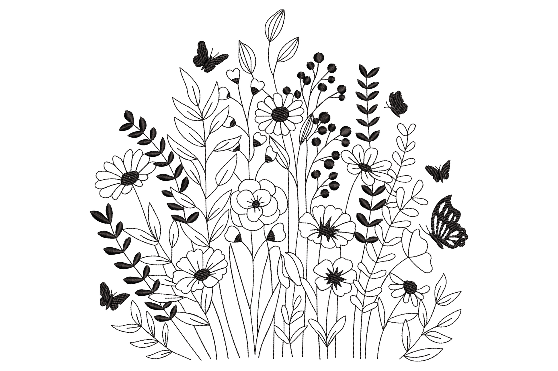 Wildflower garden outline embroidery design, black line-art meadow with daisy faces, globe flowers, leafy stems and three butterflies in flight.