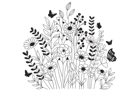 Wildflower garden outline embroidery design, black line-art meadow with daisy faces, globe flowers, leafy stems and three butterflies in flight.