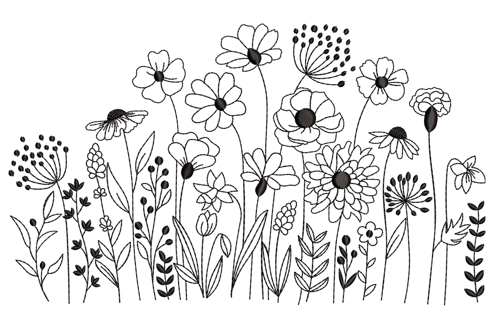 Wildflower garden outline embroidery design with black run-stitch daisies, poppies, alliums, lavender and grasses in a wide meadow border.