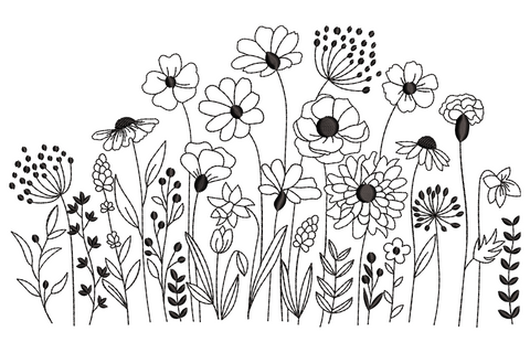 Wildflower garden outline embroidery design with black run-stitch daisies, poppies, alliums, lavender and grasses in a wide meadow border.