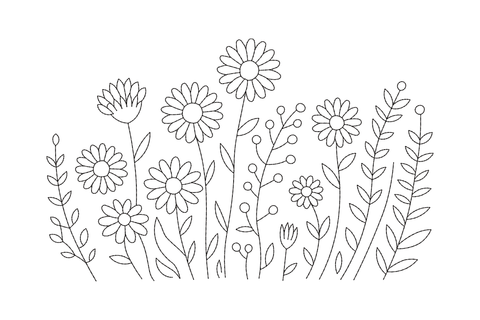 Black line drawing of flowers and leaves on a white background