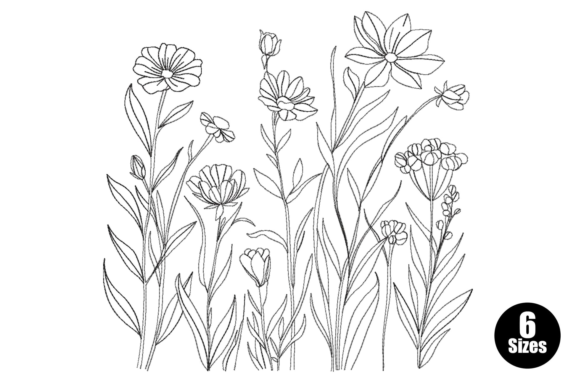 Wildflower line art border embroidery design with stems, leaves, open blooms and buds in single colour botanical illustration style