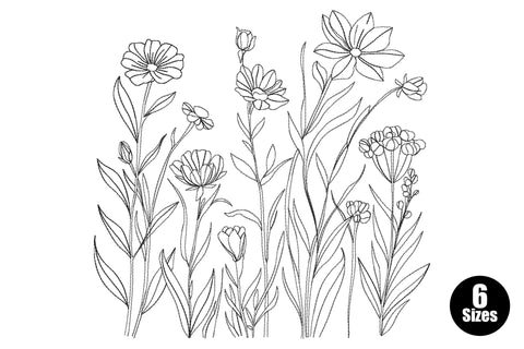 Wildflower line art border embroidery design with stems, leaves, open blooms and buds in single colour botanical illustration style