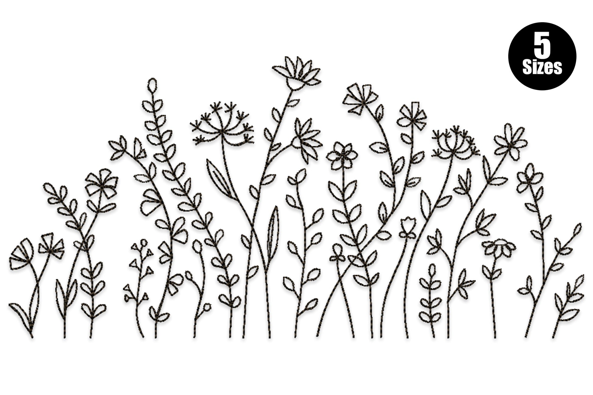 Wildflower line art border embroidery design, single colour botanical outline border with stems and blooms, minimal floral pattern