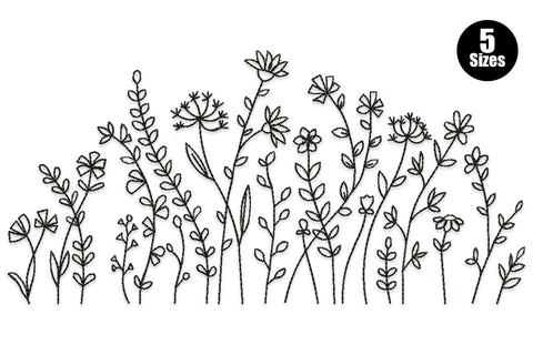 Wildflower line art border embroidery design, single colour botanical outline border with stems and blooms, minimal floral pattern