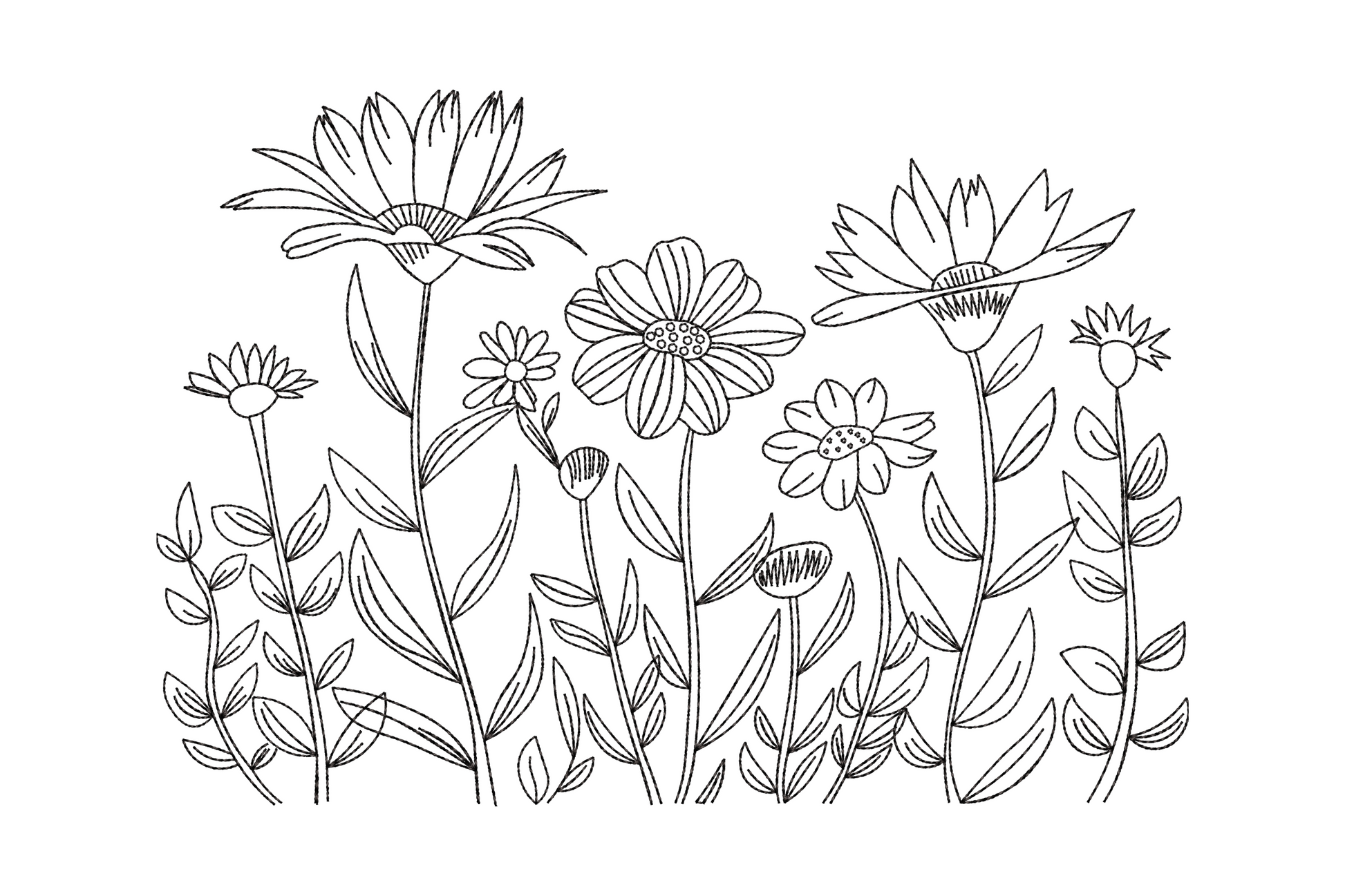Wildflower line art embroidery, loose botanical cluster in single colour outline style, no fill, minimal floral sketch