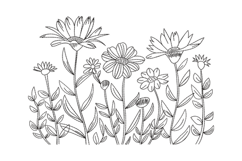 Wildflower line art embroidery, loose botanical cluster in single colour outline style, no fill, minimal floral sketch