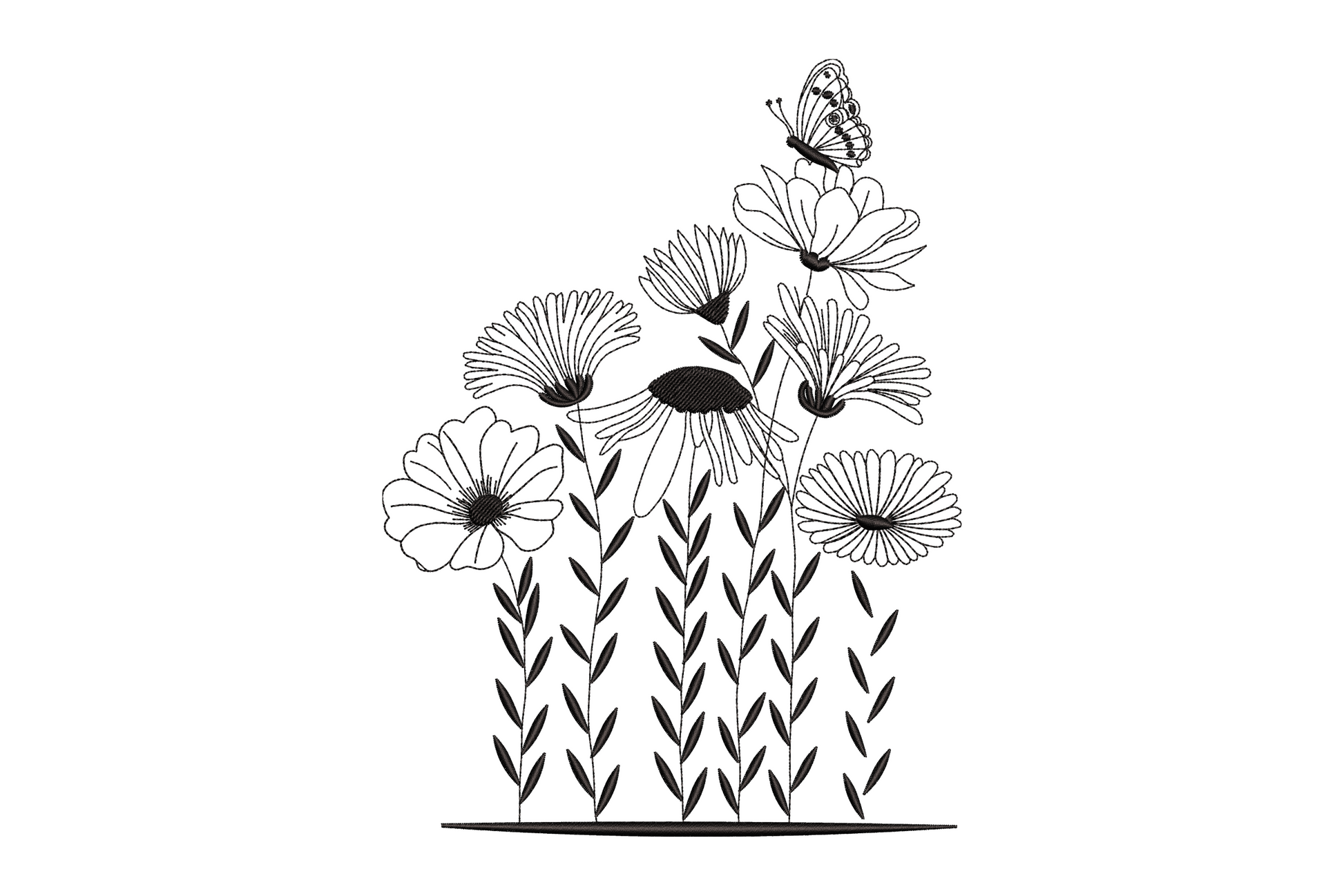 Wildflower line art embroidery, daisy, echinacea and cosmos blooms with a perched butterfly, single black thread, 9 sizes.