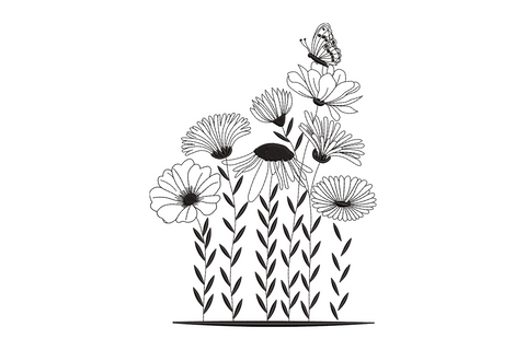Wildflower line art embroidery, daisy, echinacea and cosmos blooms with a perched butterfly, single black thread, 9 sizes.