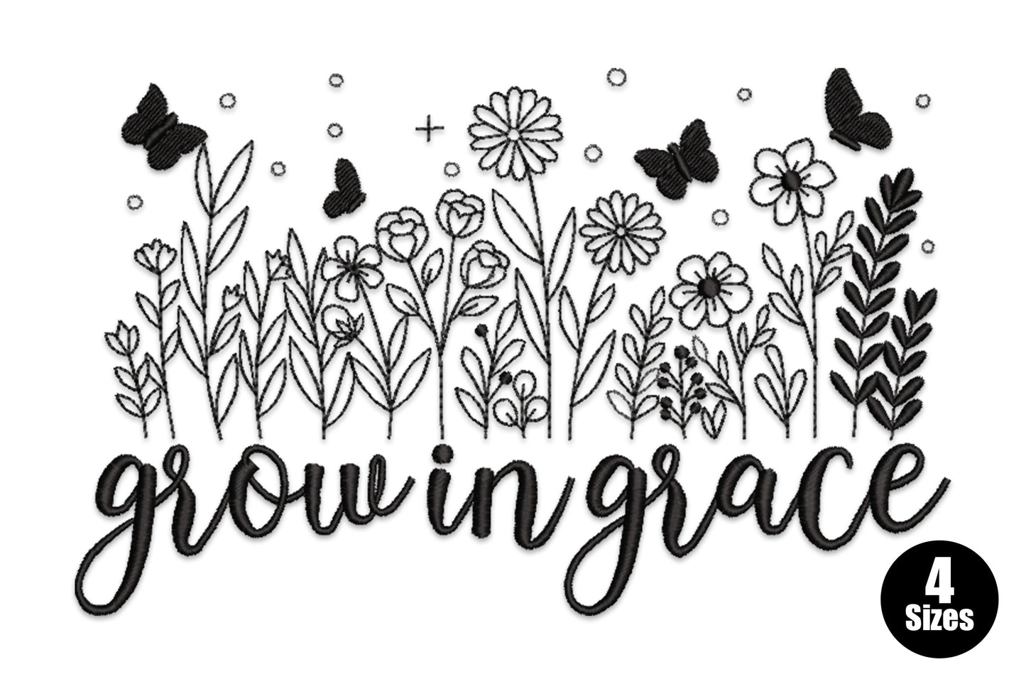Wildflower line art with butterflies embroidery design, fine outline stitching with butterfly wings and wildflower stems, single colour, 4 sizes up to 5.02 inches wide