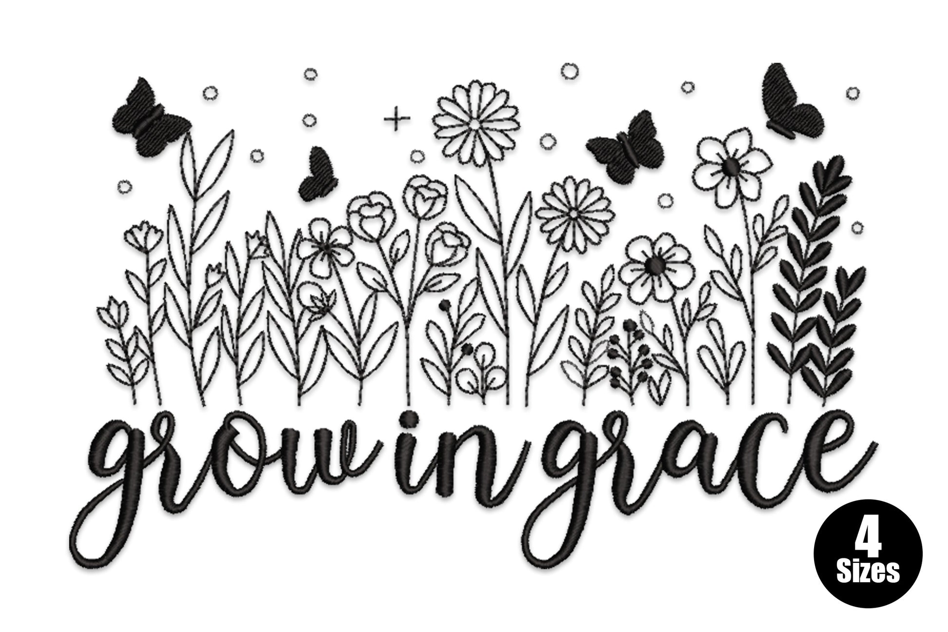 Wildflower line art with butterflies embroidery design, fine outline stitching with butterfly wings and wildflower stems, single colour, 4 sizes up to 5.02 inches wide