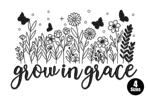 Wildflower line art with butterflies embroidery design, fine outline stitching with butterfly wings and wildflower stems, single colour, 4 sizes up to 5.02 inches wide