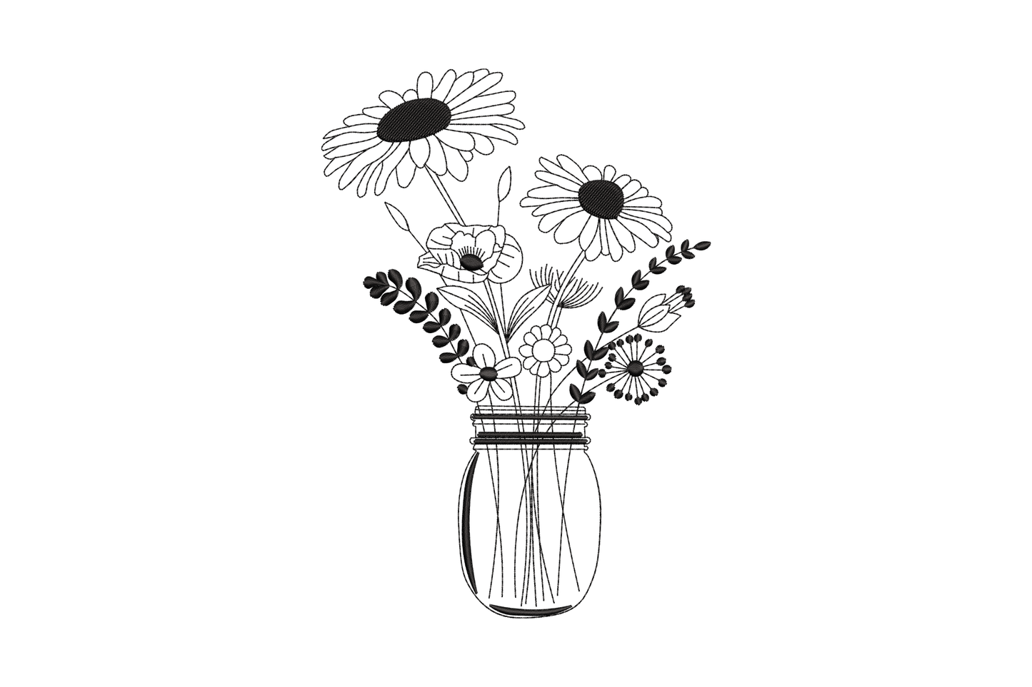 Black line art machine embroidery of wildflowers in a mason jar with daisies, poppy, and lavender sprigs