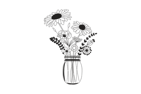 Black line art machine embroidery of wildflowers in a mason jar with daisies, poppy, and lavender sprigs