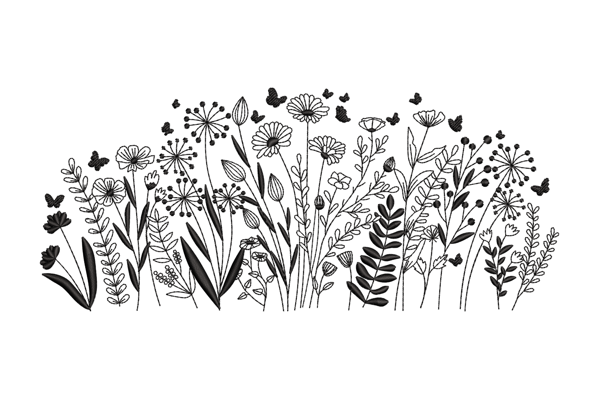 Wildflower meadow border embroidery design, daisies, alliums and butterflies in arch shape, 3 sizes 6.5 to 8.5 inches tall