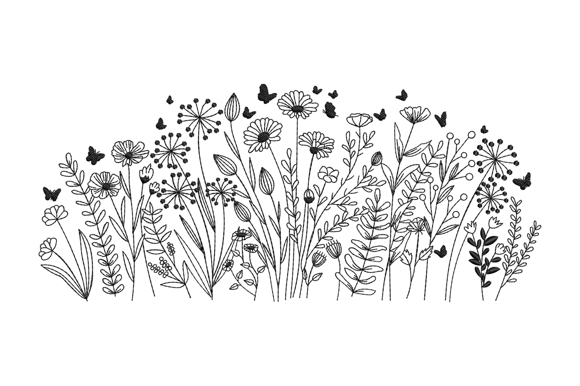 Wildflower meadow border line art embroidery design, single colour tall border with daisies, seed heads, ferns and butterfly shapes on white