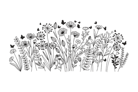 Wildflower meadow border line art embroidery design, single colour tall border with daisies, seed heads, ferns and butterfly shapes on white