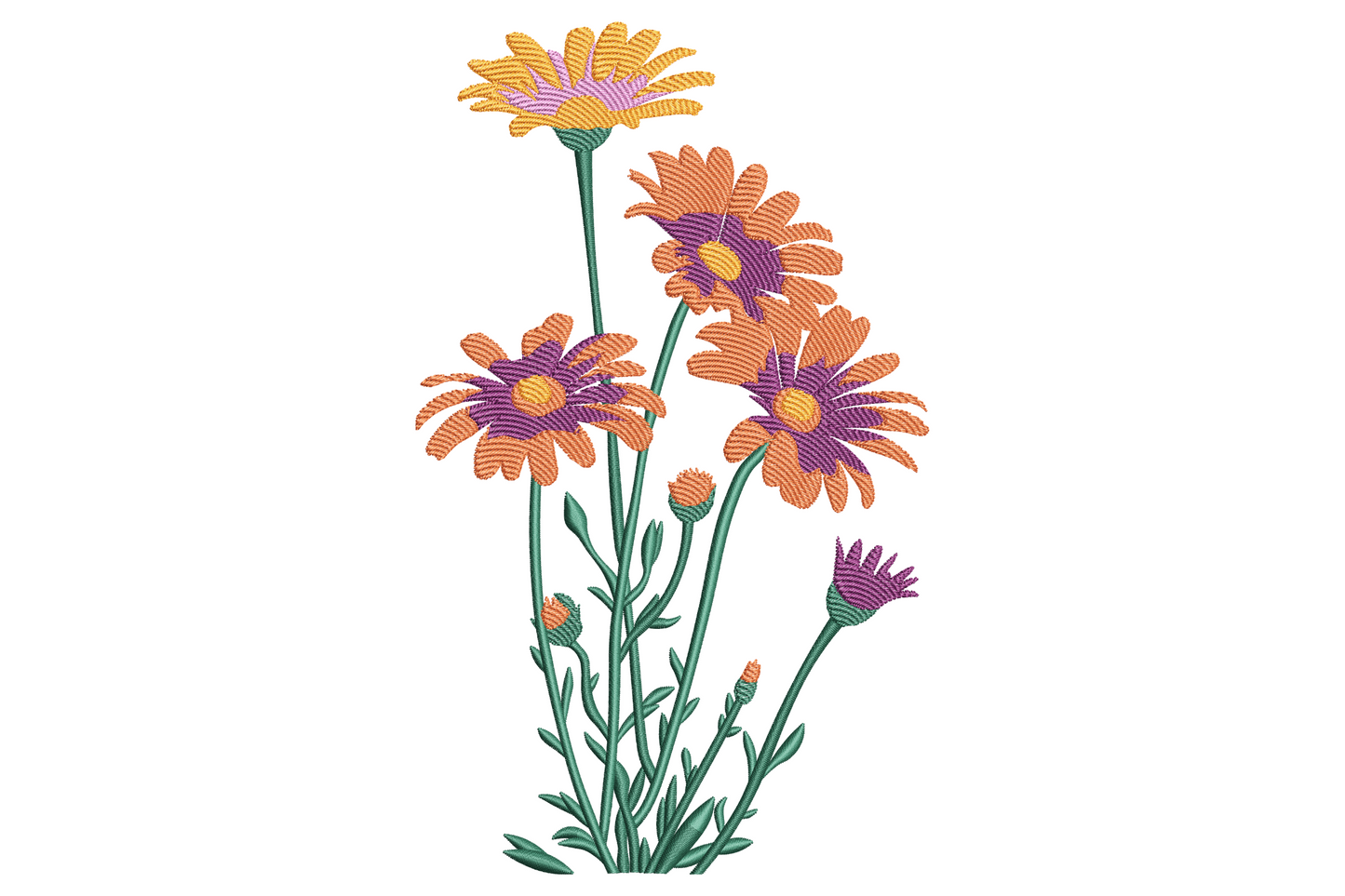 Wildflower meadow cluster embroidery with white daisies, red poppies, mustard centres and sage olive grass blades.