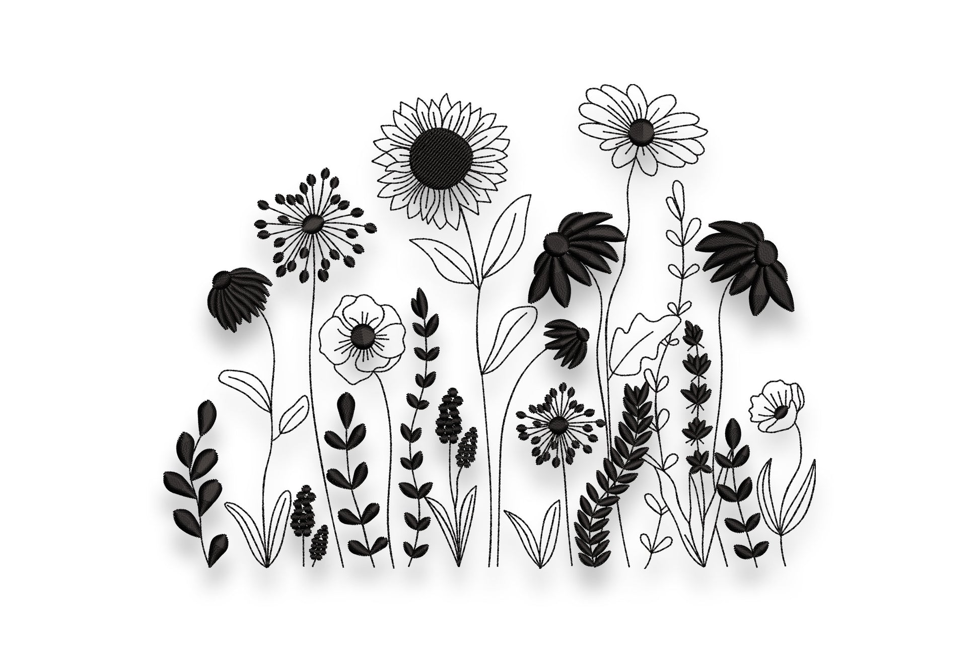 Wildflower meadow embroidery design showing a loose botanical cluster of varied flowers and leaf stems in single-colour directional satin fill at density 455 on linen fabric