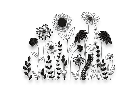 Wildflower meadow embroidery design showing a loose botanical cluster of varied flowers and leaf stems in single-colour directional satin fill at density 455 on linen fabric