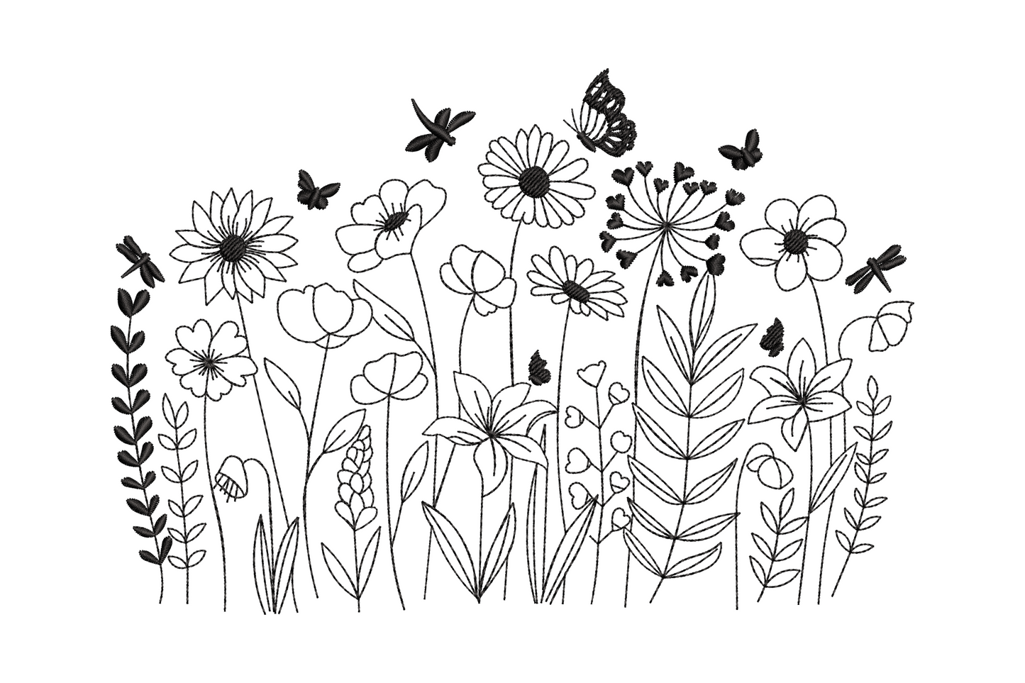 Wildflower meadow line art embroidery design, horizontal panoramic scene with daisies, poppies, butterflies and dragonflies in black outline
