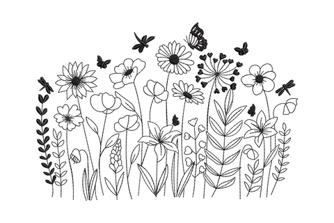 Wildflower meadow line art embroidery design, horizontal panoramic scene with daisies, poppies, butterflies and dragonflies in black outline