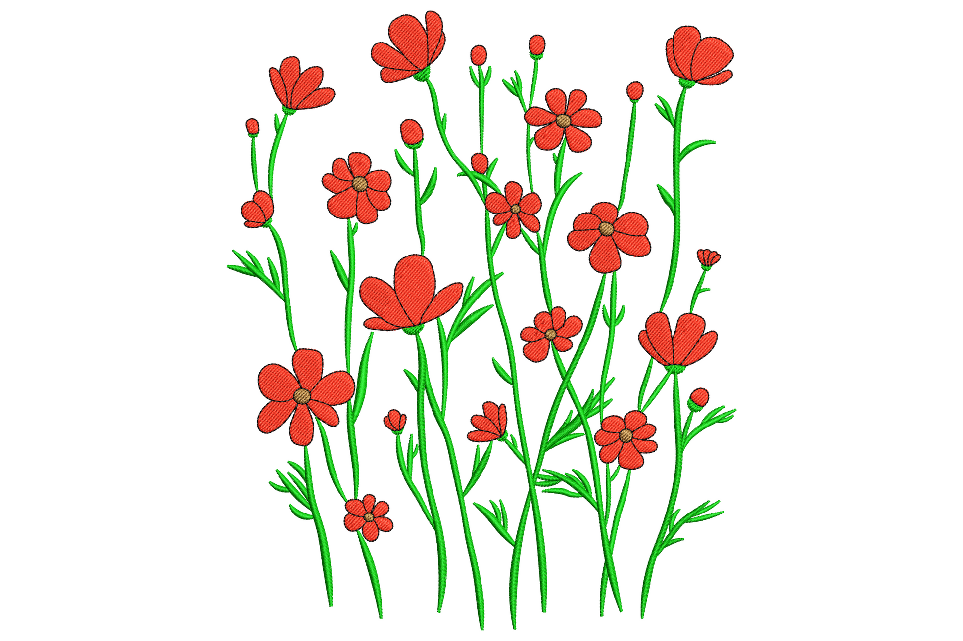 Wildflower meadow embroidery with fifteen red poppy blooms on tall lime stems and small buds in a sketchy field scene.