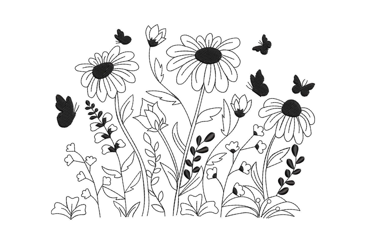 Wildflower meadow line art in black thread, daisies and coneflowers with two butterflies at top corners, horizontal band.