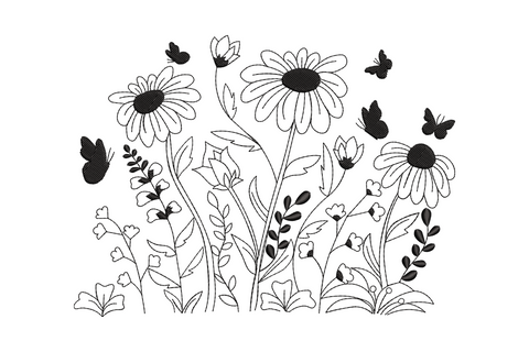 Wildflower meadow line art in black thread, daisies and coneflowers with two butterflies at top corners, horizontal band.