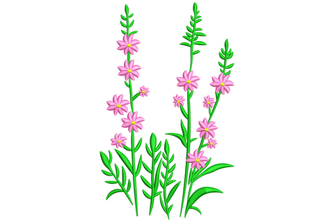 Wildflower stems embroidery with tall green stems carrying small pink star flowers and a grass blade base.