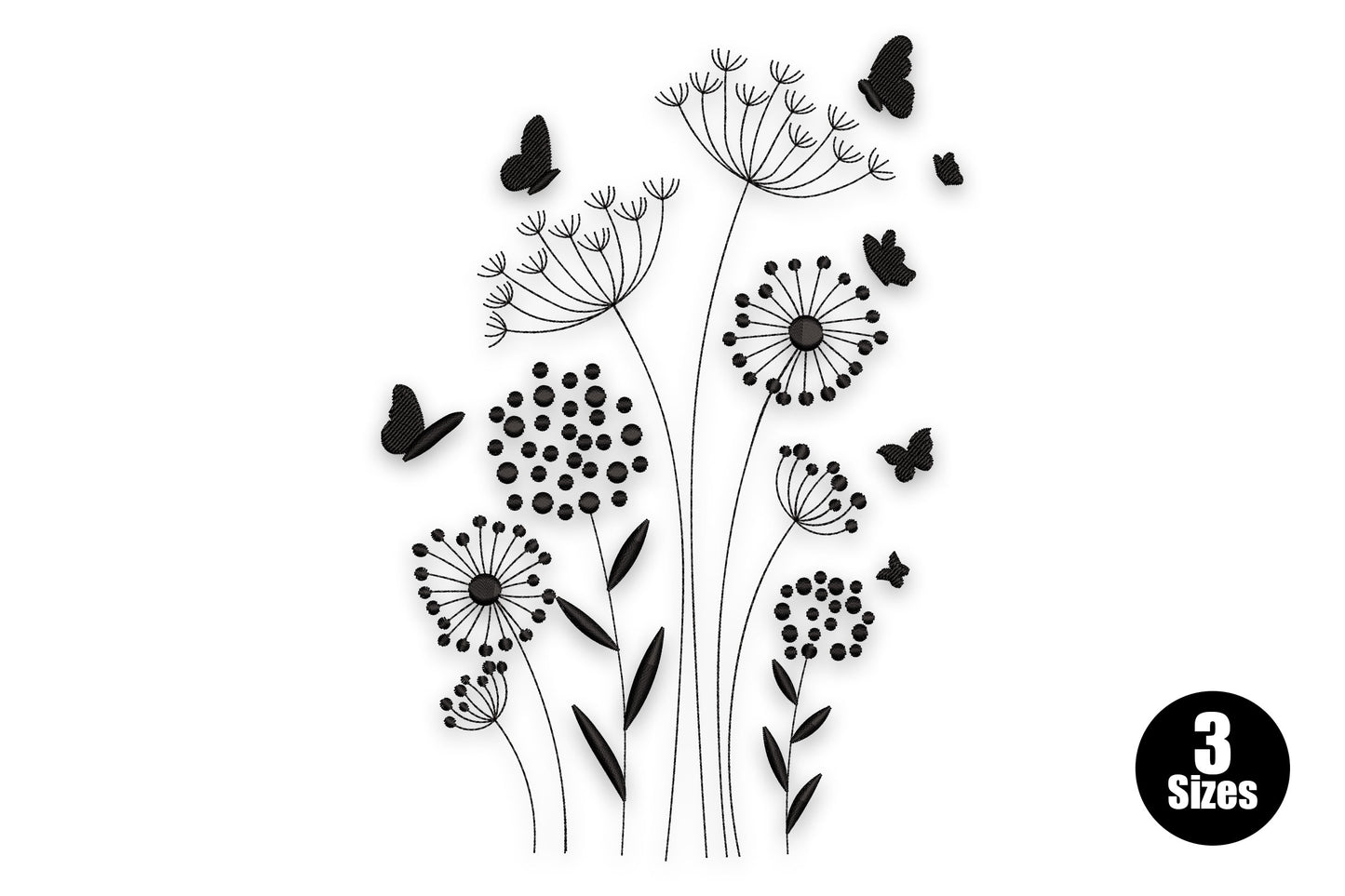 Wildflower and butterfly silhouette embroidery design, scattered botanical shapes in solid black on white linen background