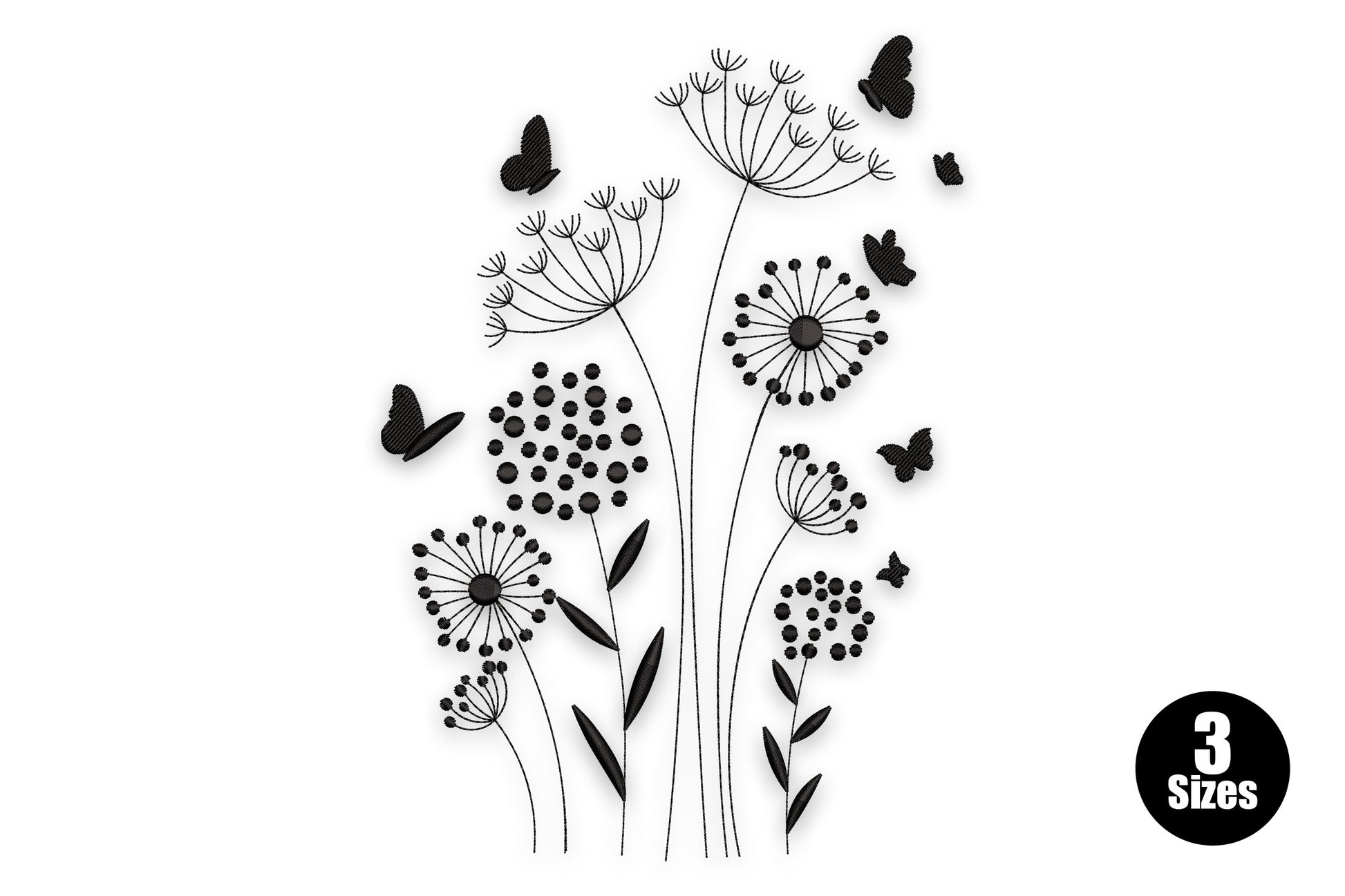 Wildflower and butterfly silhouette embroidery design, scattered botanical shapes in solid black on white linen background