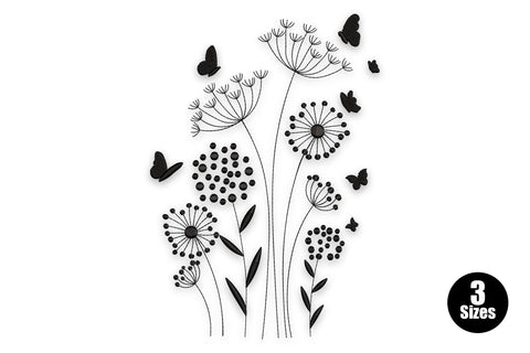 Wildflower and butterfly silhouette embroidery design, scattered botanical shapes in solid black on white linen background