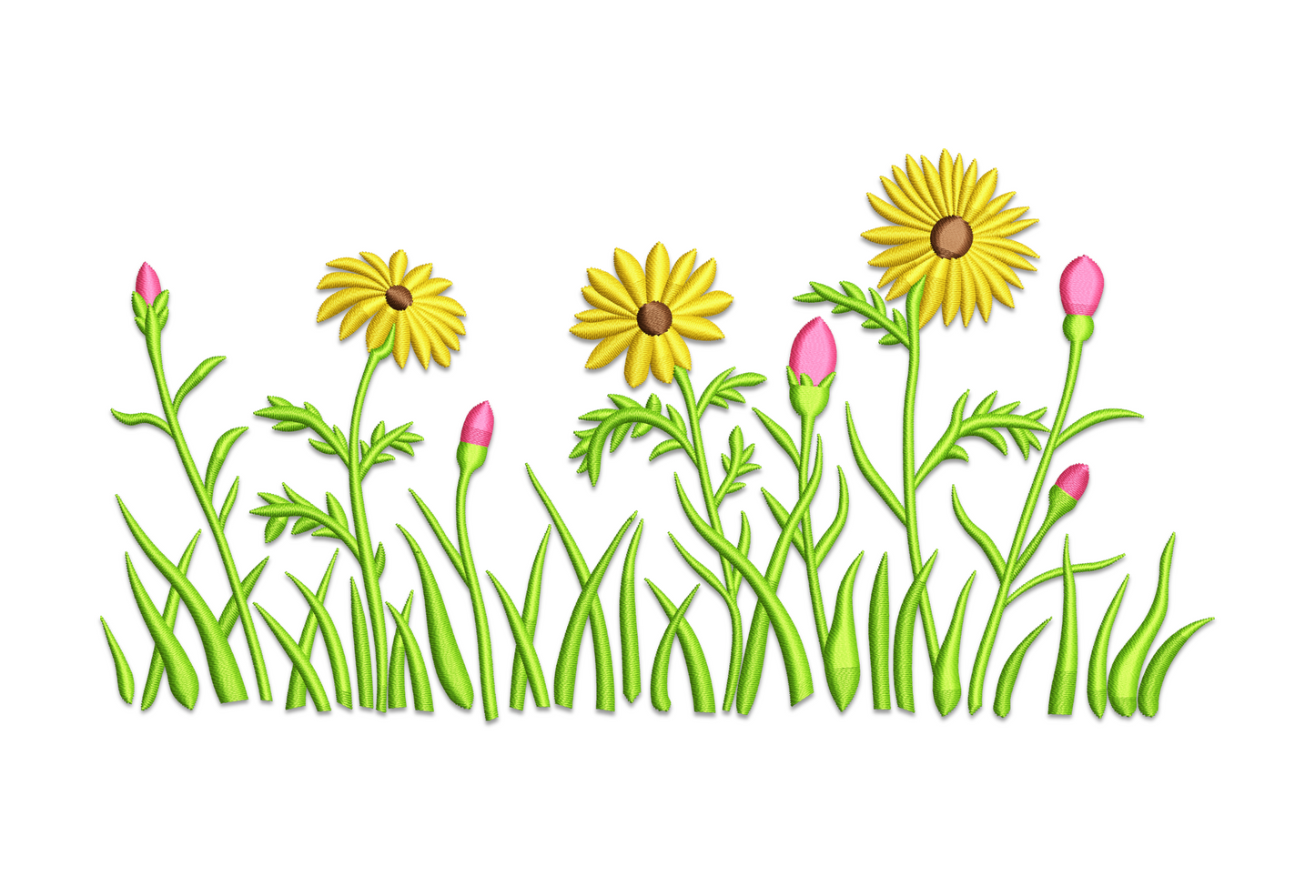 Wildflowers grass border embroidery design with butter yellow daisies, dusty rose blooms and sage grass on ivory linen runner.
