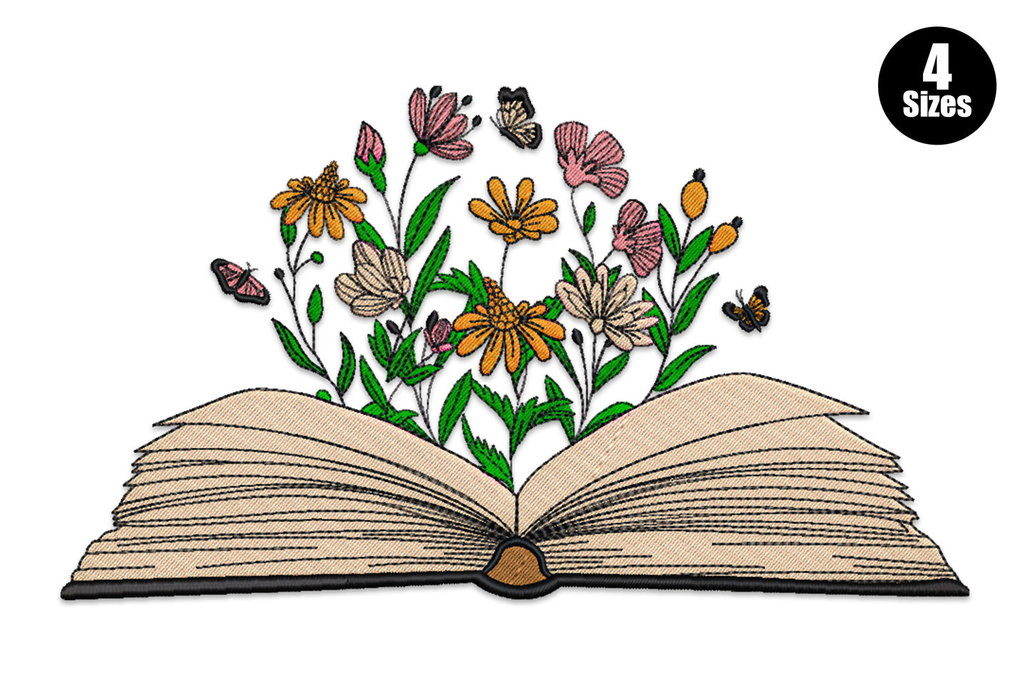Wildflowers growing from open book embroidery design with pink and orange blooms, green stems, butterflies and detailed page shading