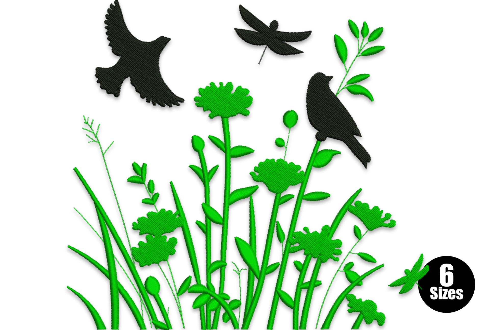 Wildflowers with birds embroidery design, meadow scene with dark green flower stems and black bird silhouettes including flying bird, dragonfly and perched bird.