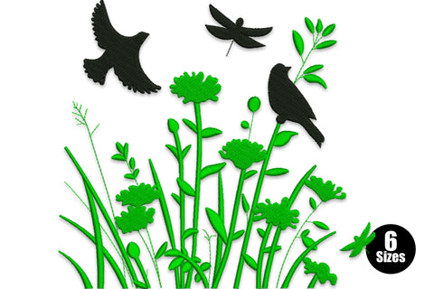 Wildflowers with birds embroidery design, meadow scene with dark green flower stems and black bird silhouettes including flying bird, dragonfly and perched bird.