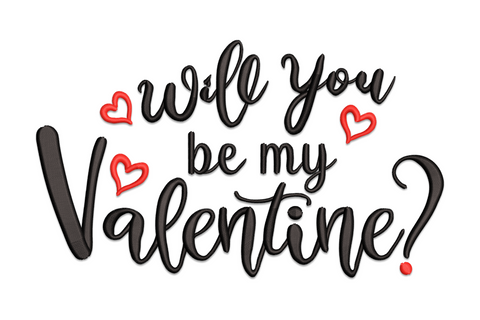 Will you be my Valentine brush script embroidery, charcoal black with small red hearts, mixed-case lettering, 7.51 inch.
